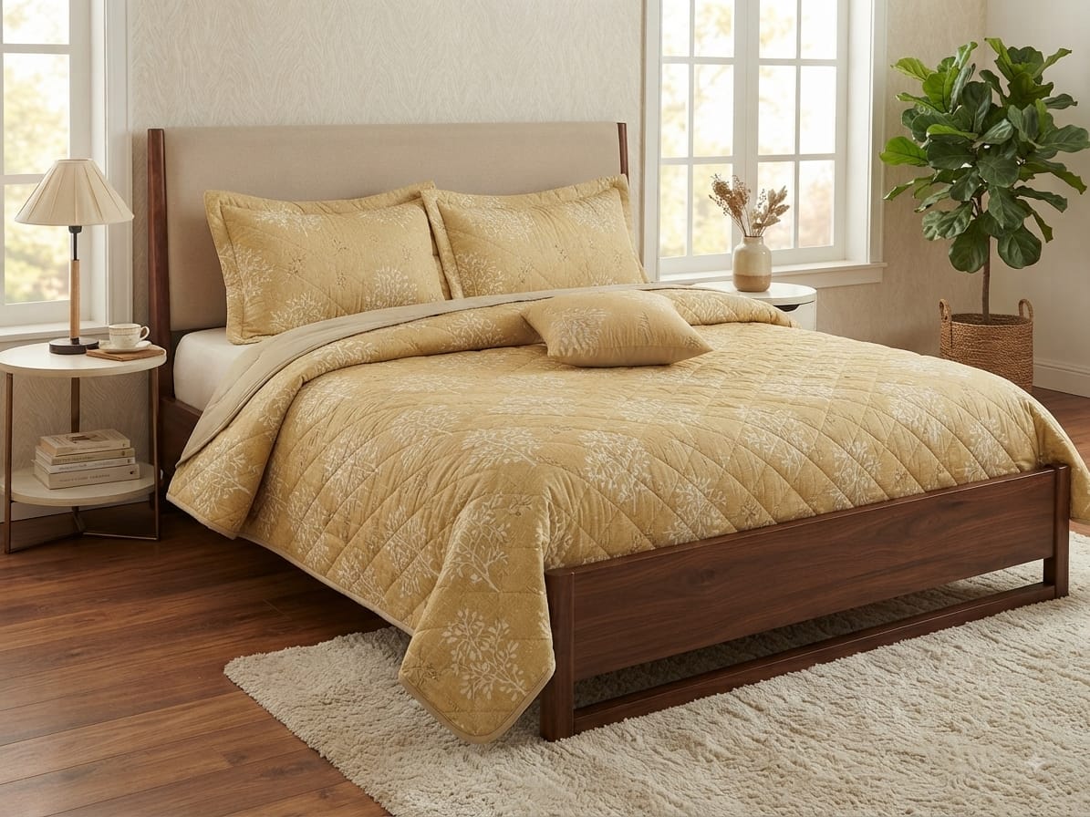 Feather Gold Collection – 5-Piece Quilted Bedspread Set