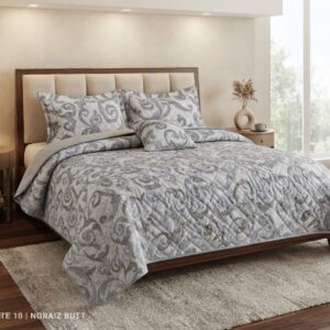 Feather Gold Collection – 5-Piece Quilted Bedspread Set (Damask Blue)