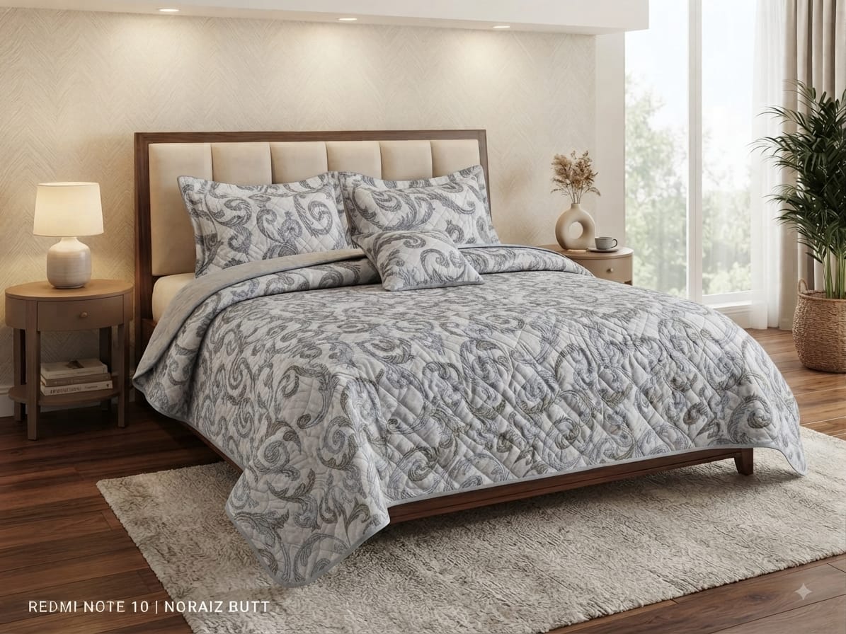 Feather Gold Collection – 5-Piece Quilted Bedspread Set (Damask Blue)